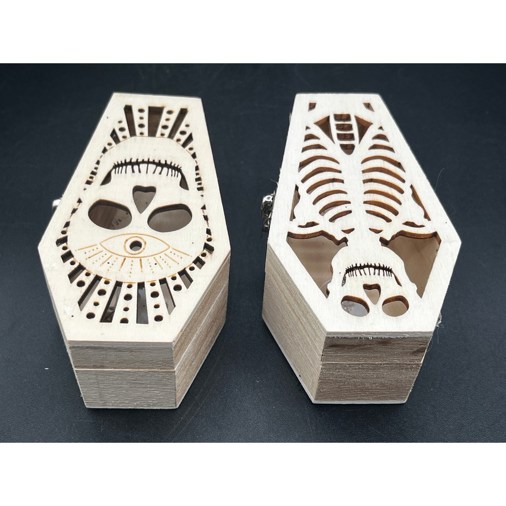Wood Coffin Trinket Boxes LED Color Changing Skull Skeleton Halloween Decor 2pc - Picture 9 of 11